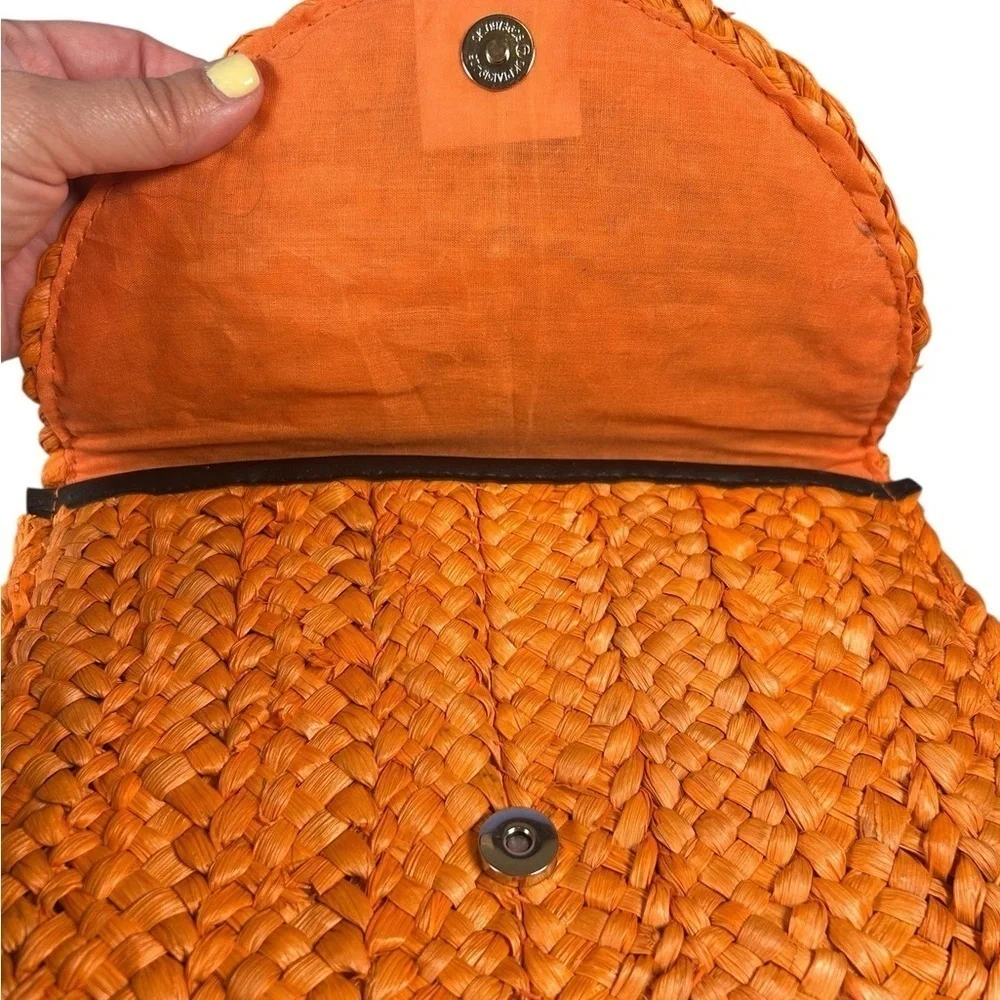 Boho Chic Orange Woven Straw Rattan Clutch Crystal Bee Brooch Handbag 7x11